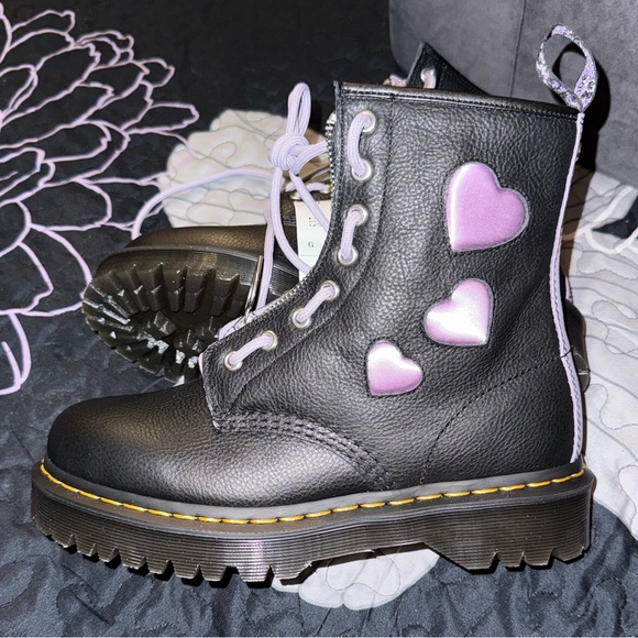 Dr. Martens Black Leather Heart Zip Boots with Lavender Accents - Picture 3 of 5